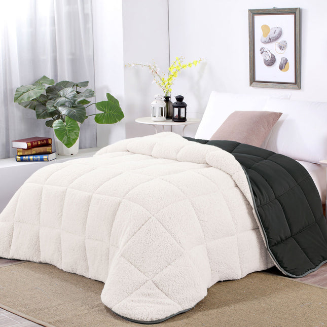 Shangri La Charcoal Sherpa Fleece Reversible 3 Pcs Comforter Set Queen.