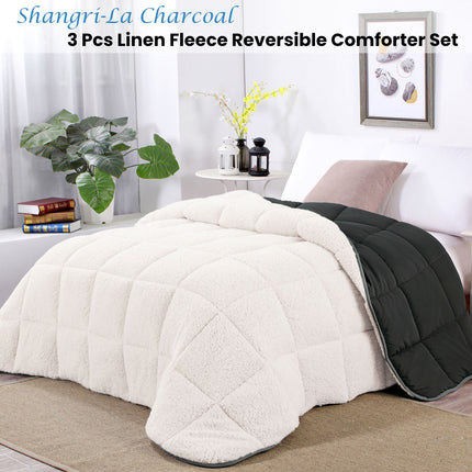 Shangri La Charcoal Sherpa Fleece Reversible 3 Pcs Comforter Set Queen.