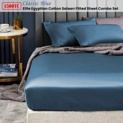 Ramesses 1500TC Elite Egyptian Cotton Sateen Fitted Sheet Combo Set Classic Blue Single.