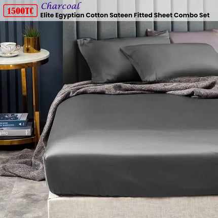 Ramesses 1500TC Elite Egyptian Cotton Sateen Fitted Sheet Combo Set Charcoal Queen.