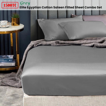 Ramesses 1500TC Elite Egyptian Cotton Sateen Fitted Sheet Combo Set Grey Queen.