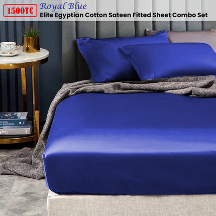 Ramesses 1500TC Elite Egyptian Cotton Sateen Fitted Sheet Combo Set Royal Blue Single.