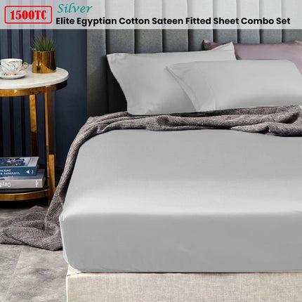 Ramesses 1500TC Elite Egyptian Cotton Sateen Fitted Sheet Combo Set Silver King Single.