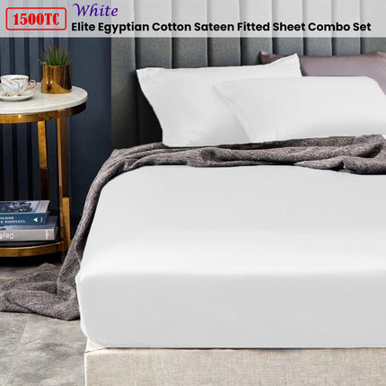 Ramesses 1500TC Elite Egyptian Cotton Sateen Fitted Sheet Combo Set White Mega King.