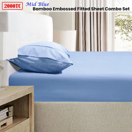 Ramesses 2000TC Bamboo Embossed Fitted Sheet Combo Set Mid Blue King Single.