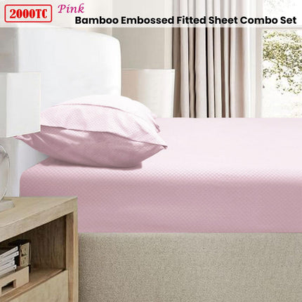Ramesses 2000TC Bamboo Embossed Fitted Sheet Combo Set Pink King Single.