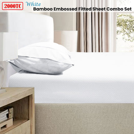 Ramesses 2000TC Bamboo Embossed Fitted Sheet Combo Set White King.