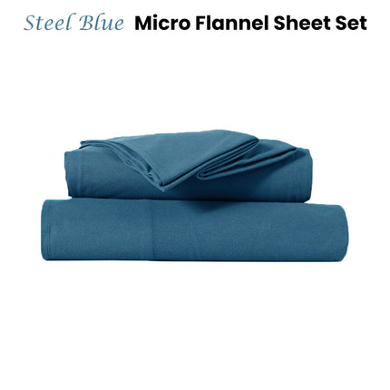 Kingtex Ultra-Soft Micro Flannel Sheet Set 40 cm Wall Steel Blue Queen.