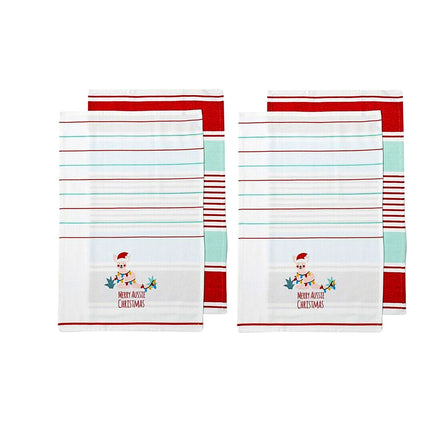 Ladelle Australiana Aussie Animal Kangaroo Christmas Set of 4 Cotton Kitchen Towels.
