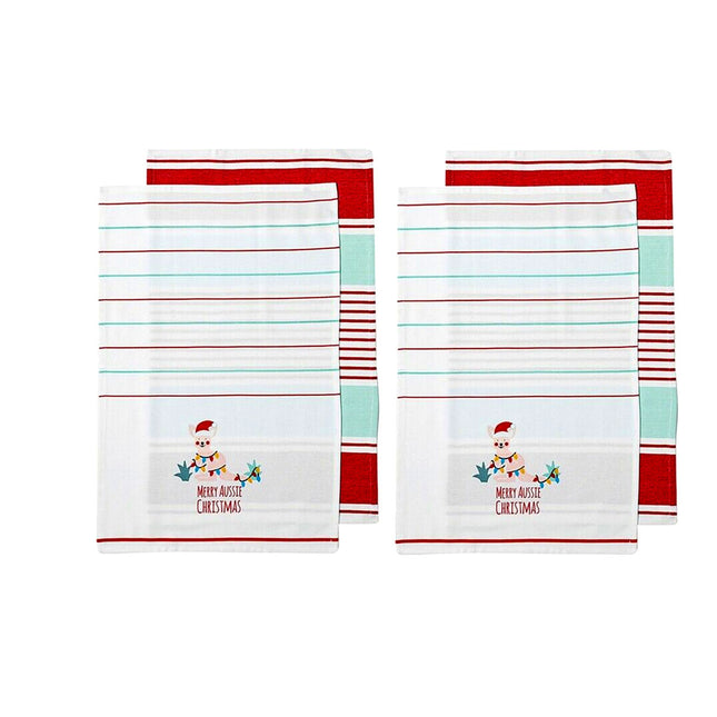 Ladelle Australiana Aussie Animal Kangaroo Christmas Set of 4 Cotton Kitchen Towels.