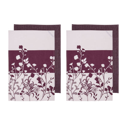 Ladelle Set of 4 Homespun Flower Cotton Kitchen Tea Towels 50 x 70 cm Mulberry.