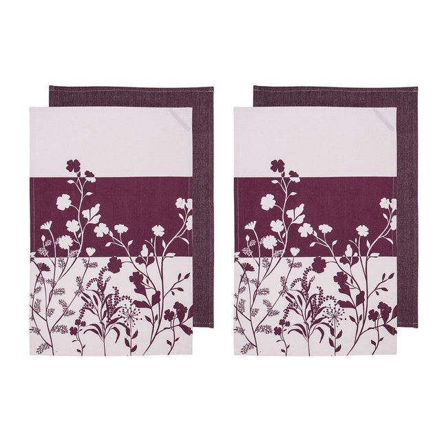 Ladelle Set of 4 Homespun Flower Cotton Kitchen Tea Towels 50 x 70 cm Mulberry.
