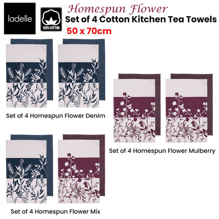 Ladelle Set of 4 Homespun Flower Cotton Kitchen Tea Towels 50 x 70 cm Mulberry.