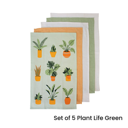 Ladelle Set of 5 Plant Life Cotton Kitchen Tea Towels 50 x 70 cm Green.