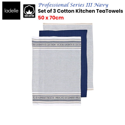 Ladelle Set of 3 Professional Series III Cotton Kitchen Tea Towels Navy 50 x 70 cm.