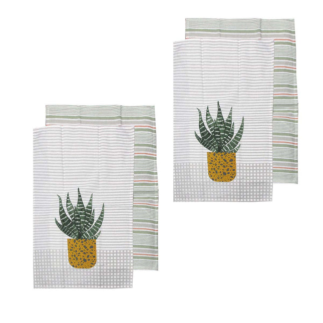 Ladelle Revive Plants Set of 4 Cotton Kitchen Towels Yellow Pot.