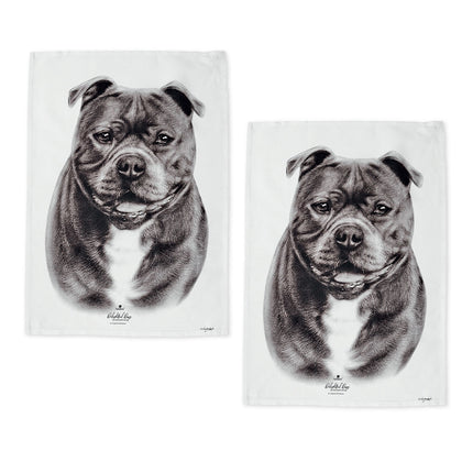 Set of 2 Delightful Dogs Cotton Kitchen Tea Towels 50 x 70 cm Staffy Terrier.
