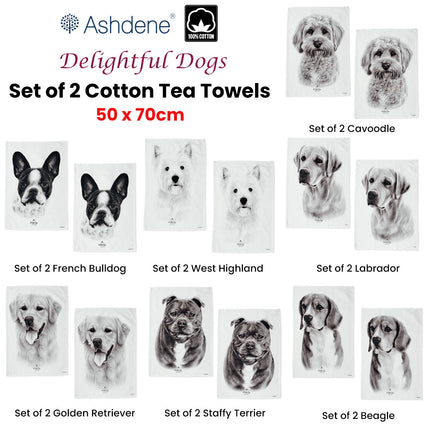 Set of 2 Delightful Dogs Cotton Kitchen Tea Towels 50 x 70 cm Staffy Terrier.