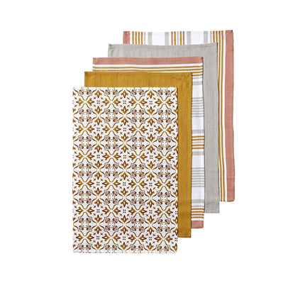 Ladelle Tile Set of 5 Cotton Kitchen Towels Gold.