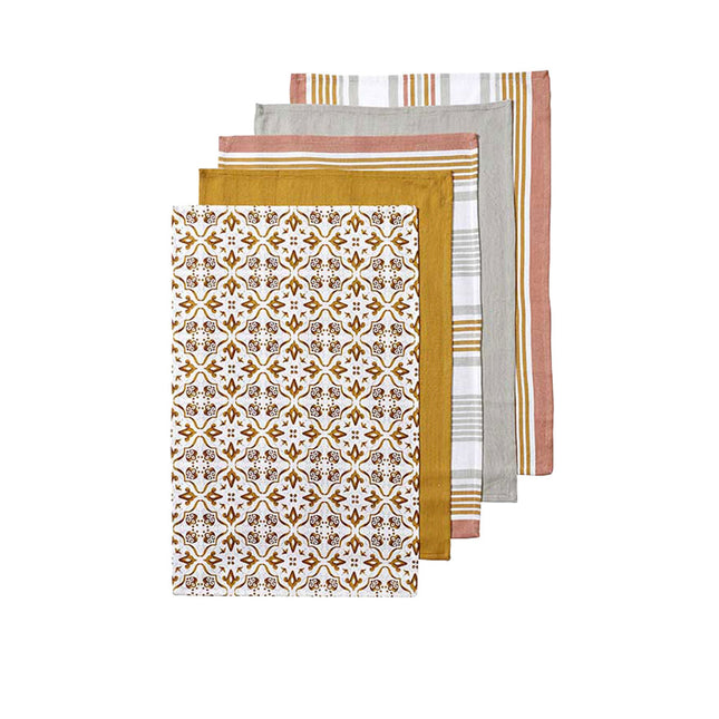 Ladelle Tile Set of 5 Cotton Kitchen Towels Gold.