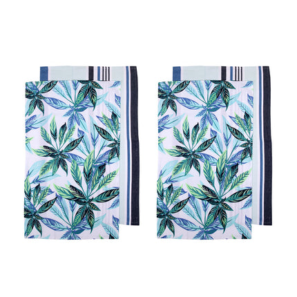Ladelle Set of 4 Zest Leaves Green Cotton Kitchen Tea Towels 50 x 70 cm.
