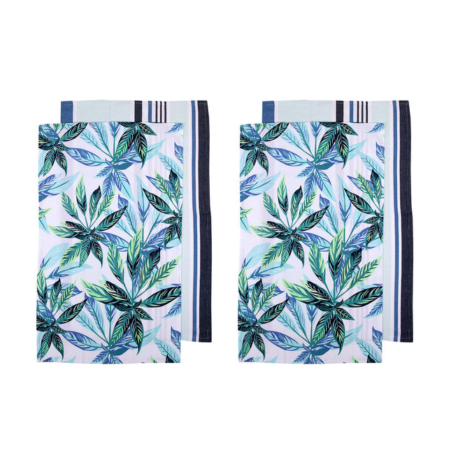 Ladelle Set of 4 Zest Leaves Green Cotton Kitchen Tea Towels 50 x 70 cm.