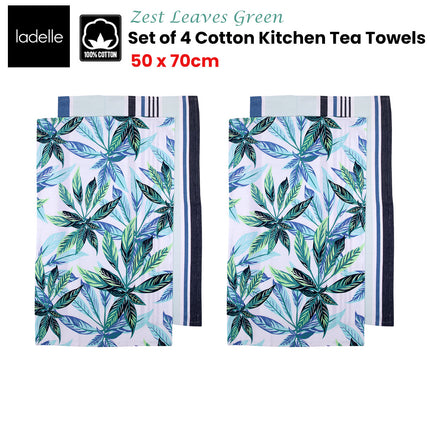 Ladelle Set of 4 Zest Leaves Green Cotton Kitchen Tea Towels 50 x 70 cm.