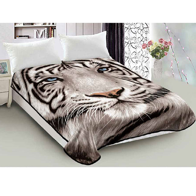 800GSM Luxury Reversible Animal Pattern Mink Blanket Queen 200 x 240 cm Blue-eyed Tiger.
