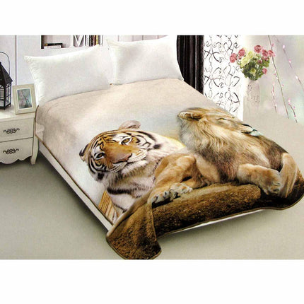 800GSM Luxury Reversible Animal Pattern Mink Blanket Queen 200 x 240 cm Lion Tiger Brown.