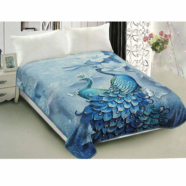 800GSM Luxury Reversible Animal Pattern Mink Blanket Queen 200 x 240 cm Pretty Peacock Blue.