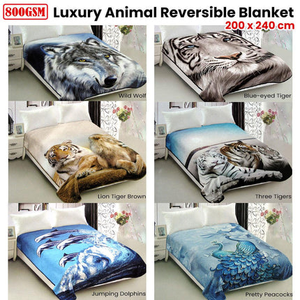 800GSM Luxury Reversible Animal Pattern Mink Blanket Queen 200 x 240 cm Pretty Peacock Blue.