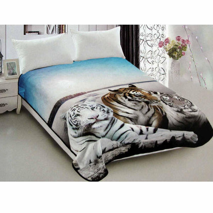 800GSM Luxury Reversible Animal Pattern Mink Blanket Queen 200 x 240 cm Three Tigers Blue.