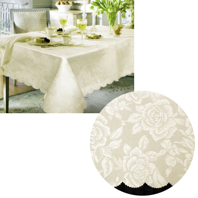 Jacquard Damask Design with Scalloped Edging Table Cloth Cream 150 x 220 cm.