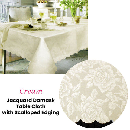 Jacquard Damask Design with Scalloped Edging Table Cloth Cream 150 x 220 cm.