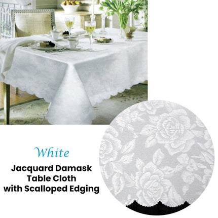 Jacquard Damask Design with Scalloped Edging Table Cloth White 150 x 220 cm.