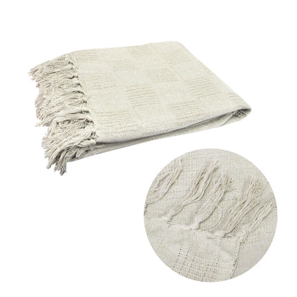 Checkerboard 100% Cotton Texture Fringe Throw Rug 125 x 150 cm Off White.