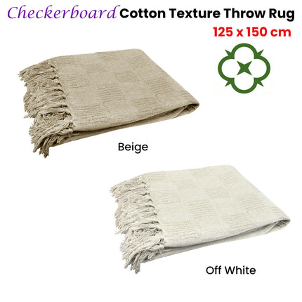 Checkerboard 100% Cotton Texture Fringe Throw Rug 125 x 150 cm Off White.