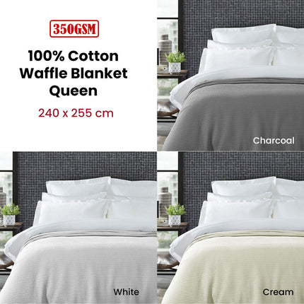 Living @ Home 350gsm 100% Cotton Breathable Waffle Blanket Queen 240 x 255 cm Charcoal.