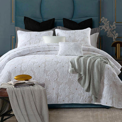 Cotton Rich Lightly Quilted Coverlet Set Floriade White King.