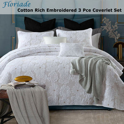 Cotton Rich Lightly Quilted Coverlet Set Floriade White King.