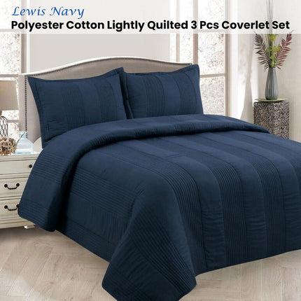 Lewis Navy 3 Pce Lightly Quilted Polyester Cotton Coverlet Set Queen.
