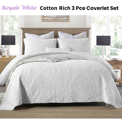 Cotton Rich Lightly Quilted Coverlet Set Royale White King.