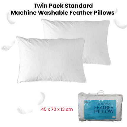 At Home Homewares Pack of 2 Standard Machine Washable Feather Pillows 45 x 70 +13 cm.