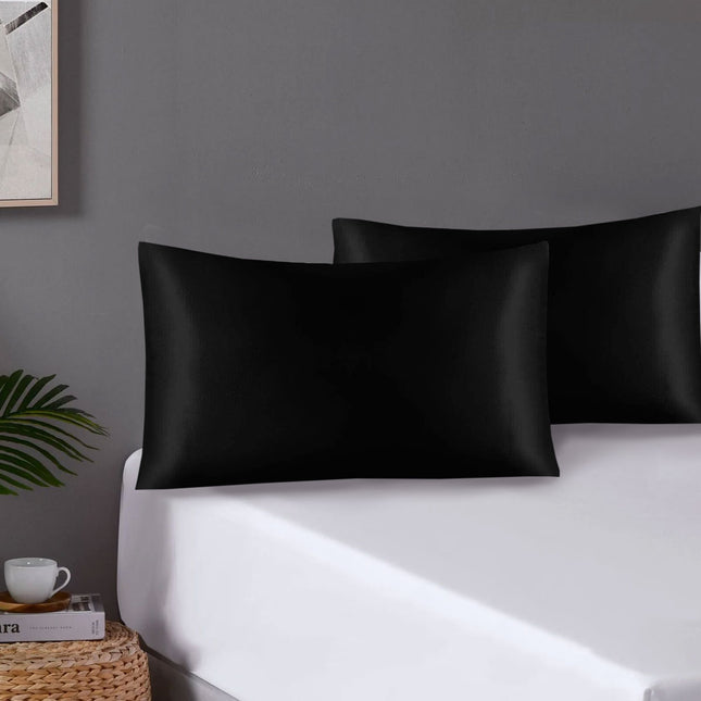 Pair of Standard Satin Silk Pillowcases with Envelope Closure 51 x 76 cm Black.