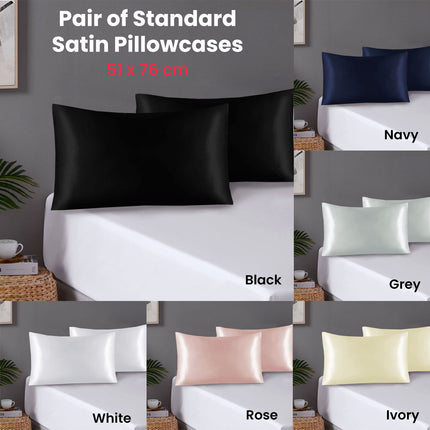 Pair of Standard Satin Silk Pillowcases with Envelope Closure 51 x 76 cm Black.