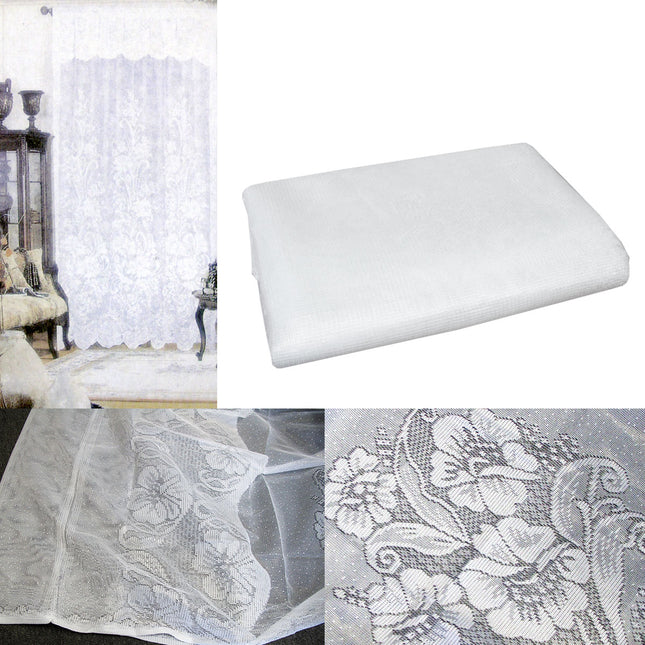Gardenia White One Piece Rod Pocket Lace Curtain with Attached Valance.