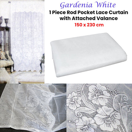 Gardenia White One Piece Rod Pocket Lace Curtain with Attached Valance.
