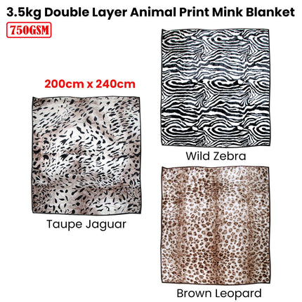 750gsm 3.5kg Double Layer Animal Print Faux Mink Blanket Queen 200x240 cm Wild Zebra.