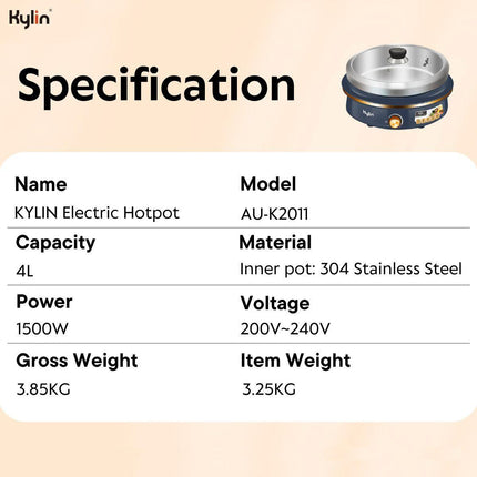Kylin Electric 1500W Hotpot with Stainless Steel Inner Pot 4L AU-K2011.