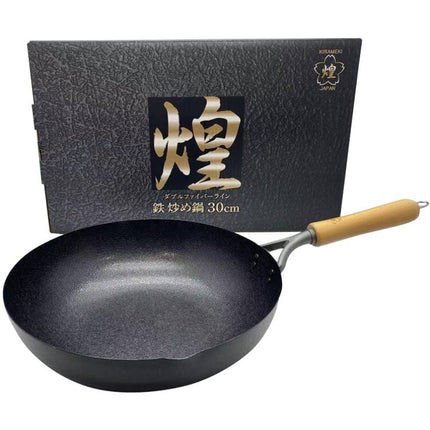 Kirameki Cast Iron Double Fiber Line Stir-fry Wok (Made in Japan) - 30cm.
